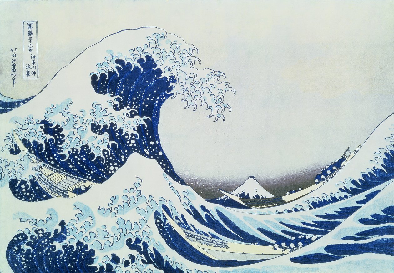 A nagy hullám Kanagawánál, a „36 kilátás a Fudzsi-hegyre” („Fugaku sanjuokkei”) pub című sorozatból. Nishimura Eijudo, 1831 (színes fatömbnyomat) alkotó: Katsushika Hokusai