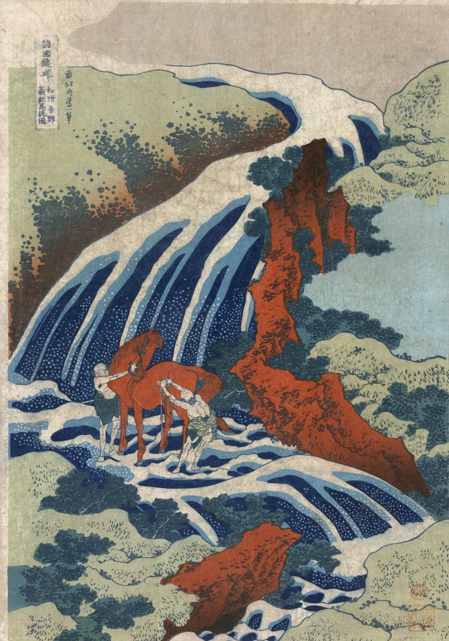 A Yoshitsune lómosó vízesés Yoshinónál, Izumi tartományban alkotó: Katsushika Hokusai