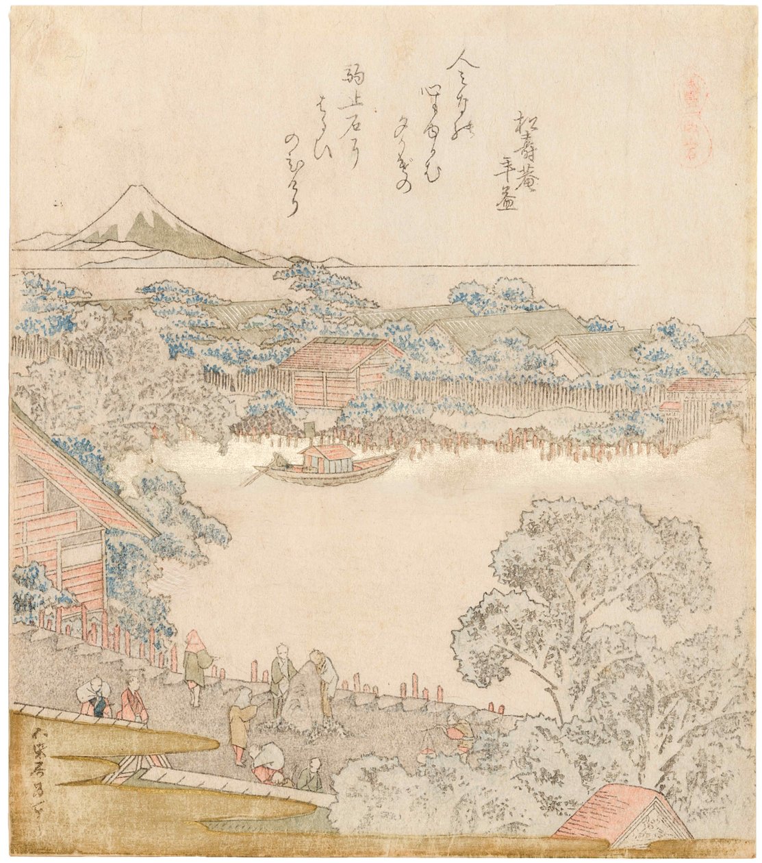 A Sumida folyó partja, Komatomeishi. Triptichon az Umazukushi sorozatból, bal oldali rész, 1822. alkotó: Katsushika Hokusai