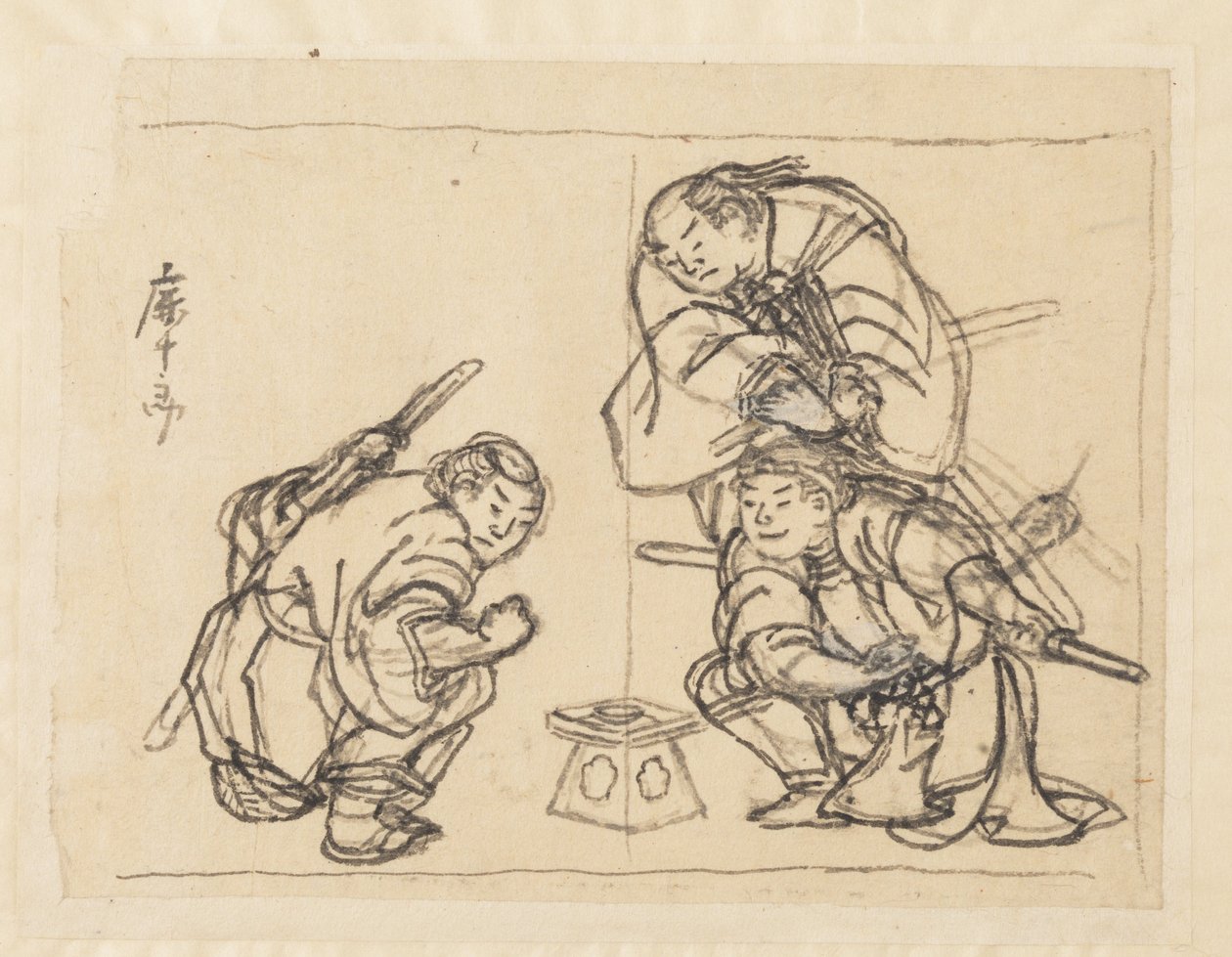 Három férfi egy tálcával alkotó: Katsushika Hokusai