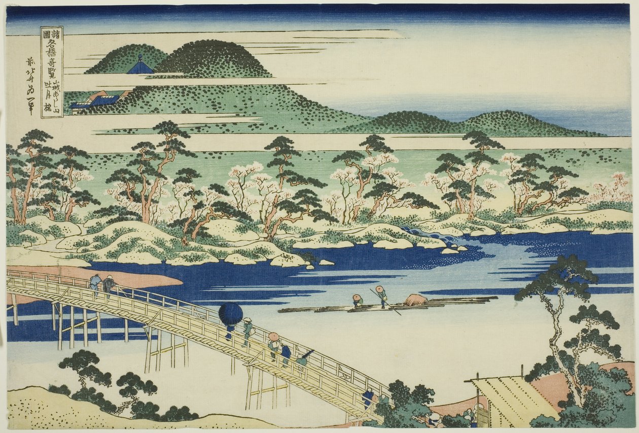 Togetsu híd Arashiyamánál Yamashiro tartományban (Yamashiro Arashiyama no Togetsukyo), a "Szokatlan kilátások híres hídjairól különböző tartományokban (Shokoku meikyo kiran)" sorozatból. alkotó: Katsushika Hokusai