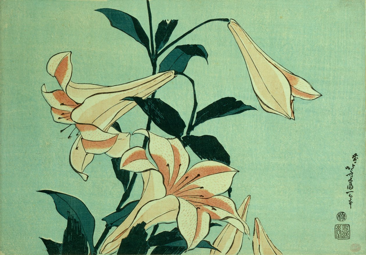 Trombitaliliomok (színes fatömbnyomat) alkotó: Katsushika Hokusai