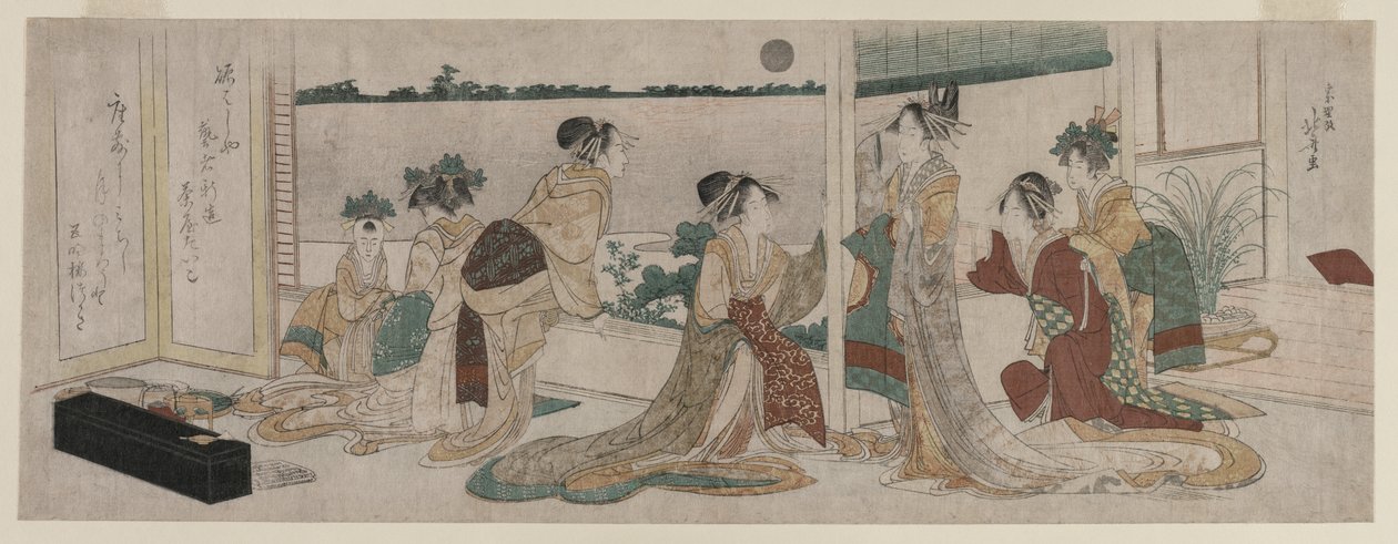 Tsukasa és az Ogiya más udvarhölgyei az őszi holdfelkelést nézik..., 1799. alkotó: Katsushika Hokusai