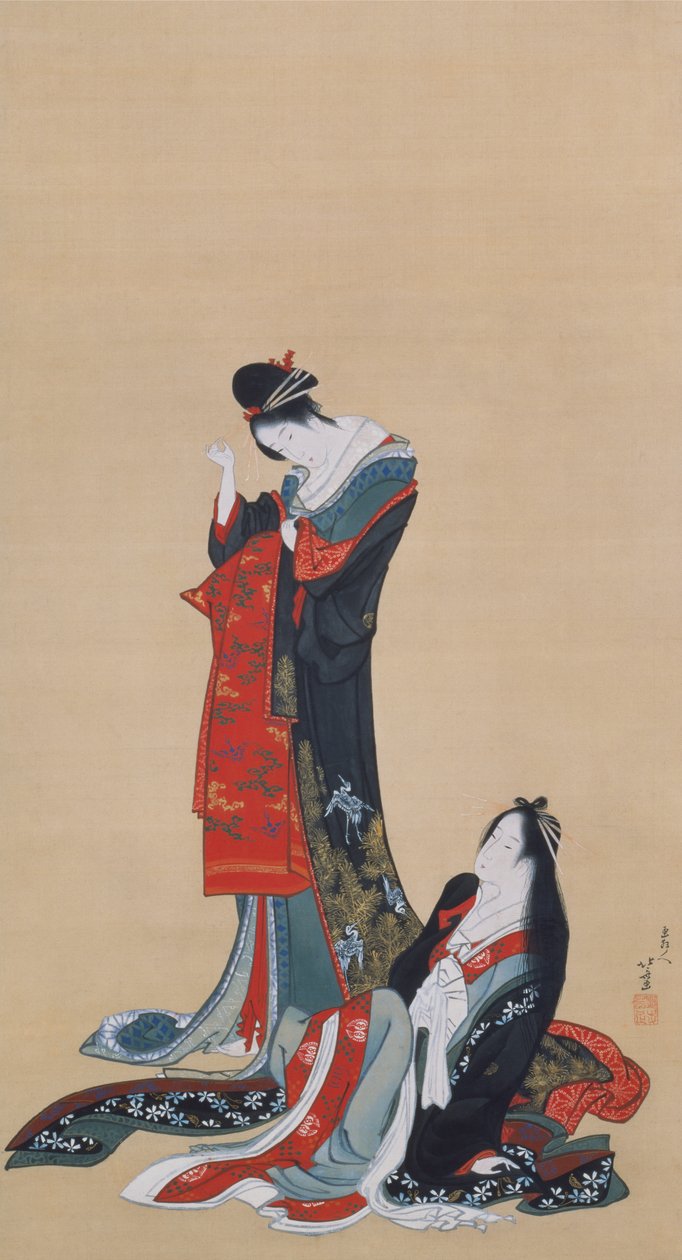 Két kurtizán, Edo-korszak, 1805 körül (tinta és szín a selyemen) alkotó: Katsushika Hokusai