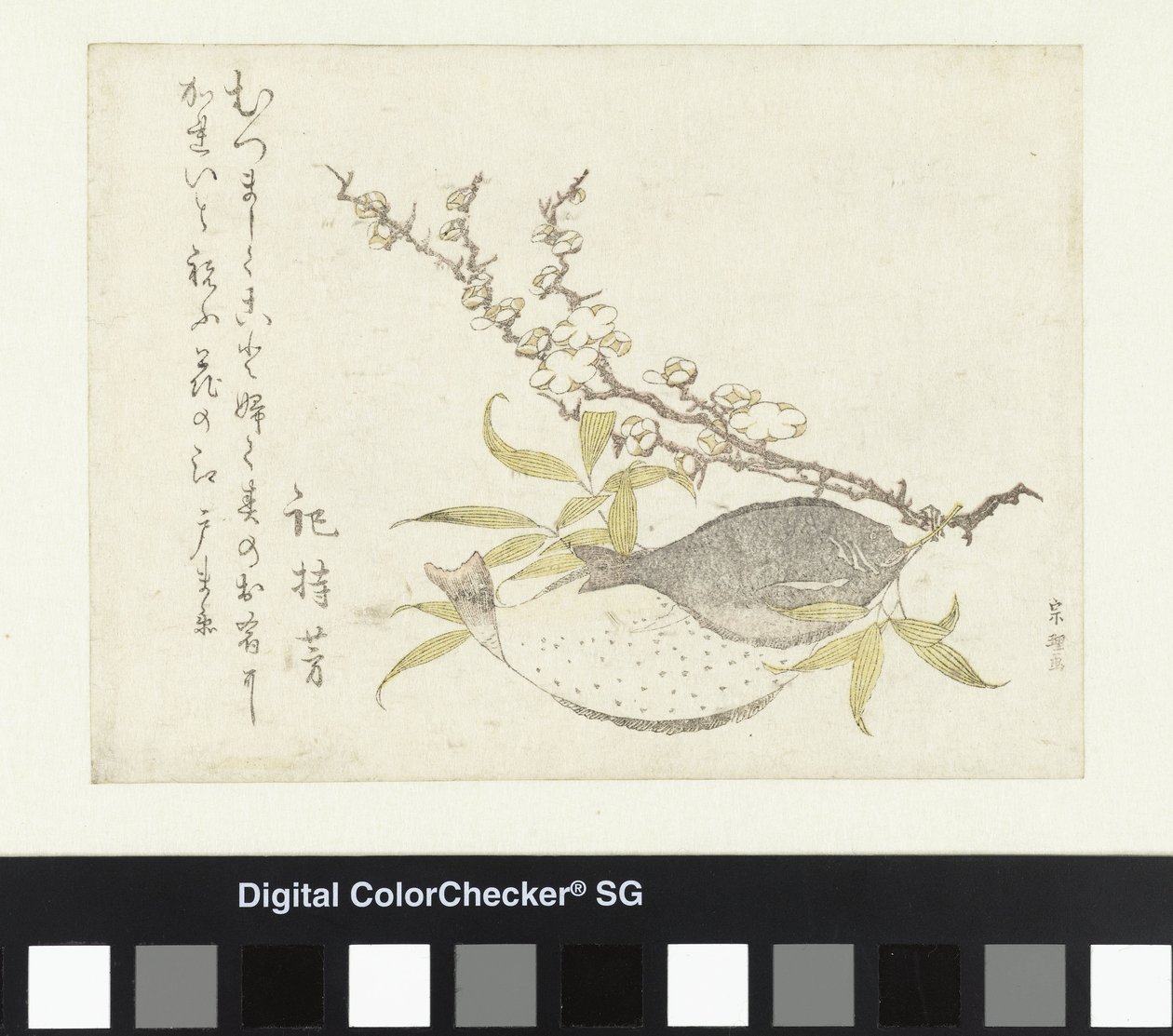 Két lepényhal és szilva alkotó: Katsushika Hokusai