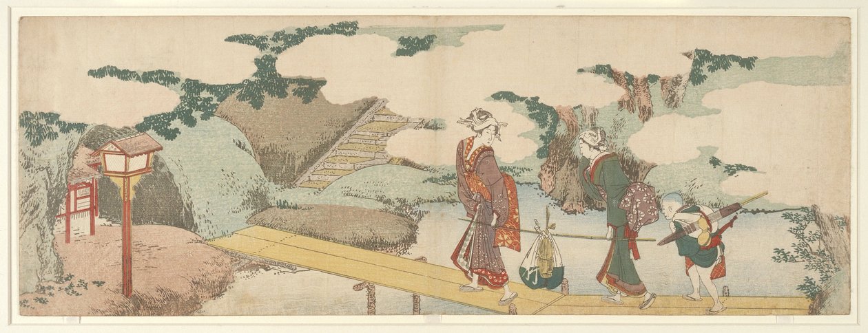 Két nő és egy fiú a sétányon alkotó: Katsushika Hokusai