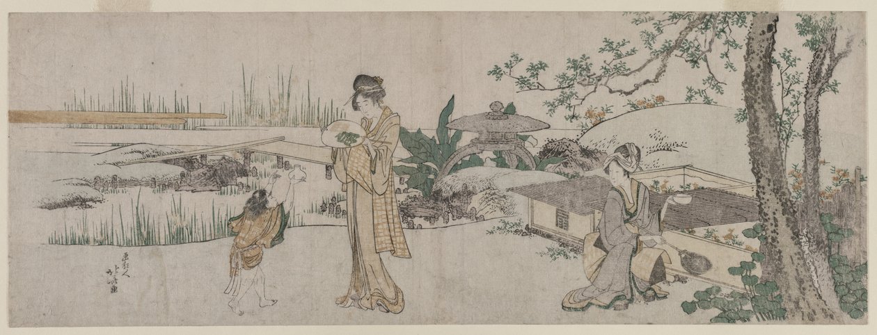 Két nő és egy gyerek egy aranyhal akvárium mellett alkotó: Katsushika Hokusai