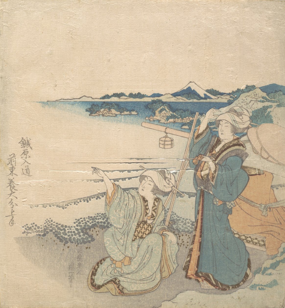 Két fiatal hölgy a parton, egy mutatva. alkotó: Katsushika Hokusai
