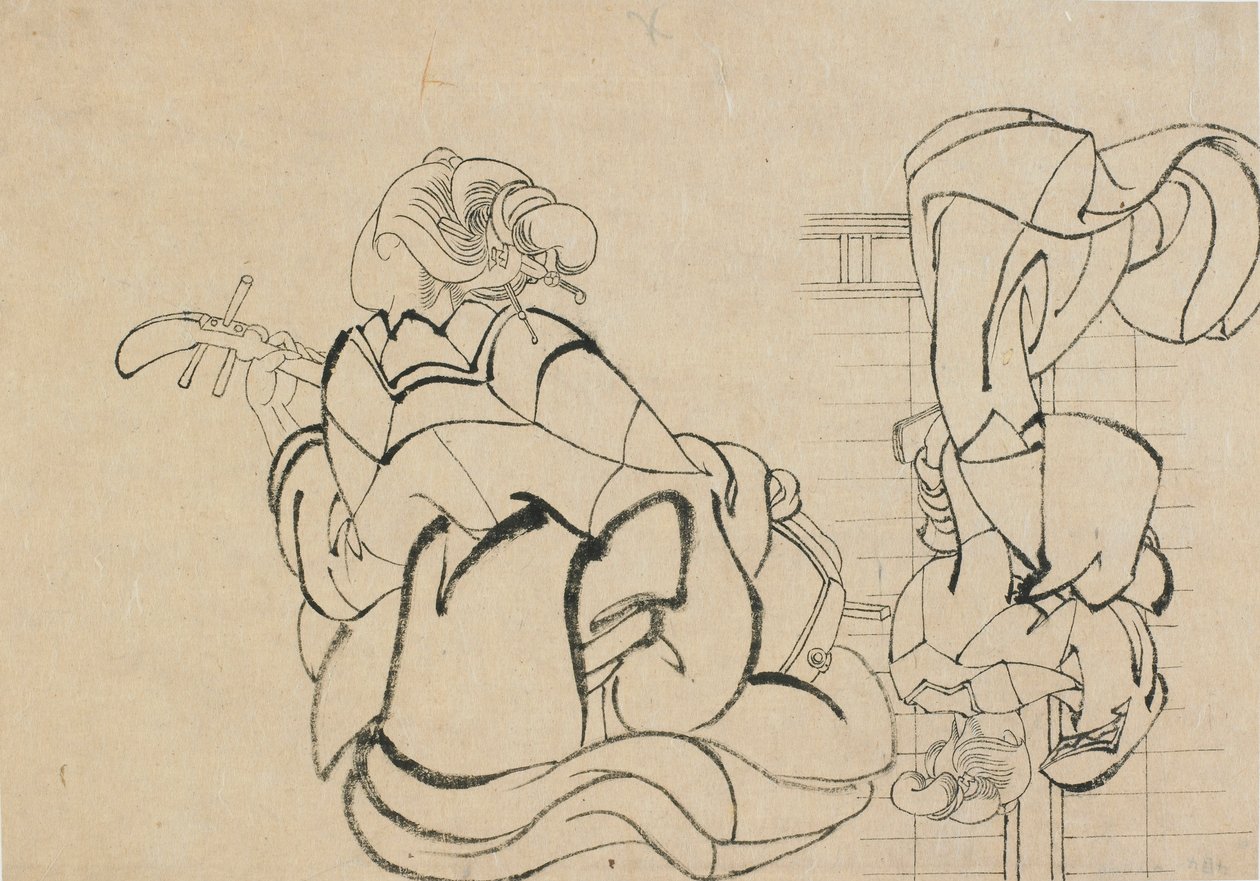 Két vázlat: samisen játszó hölgy és megfigyelő háttal..., 18. század vége – 19. század eleje. alkotó: Katsushika Hokusai