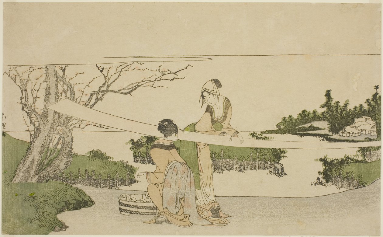 Két nő nyújtó ruhát alkotó: Katsushika Hokusai