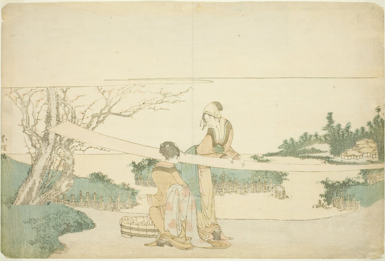Két nő nyújtó ruhát alkotó: Katsushika Hokusai