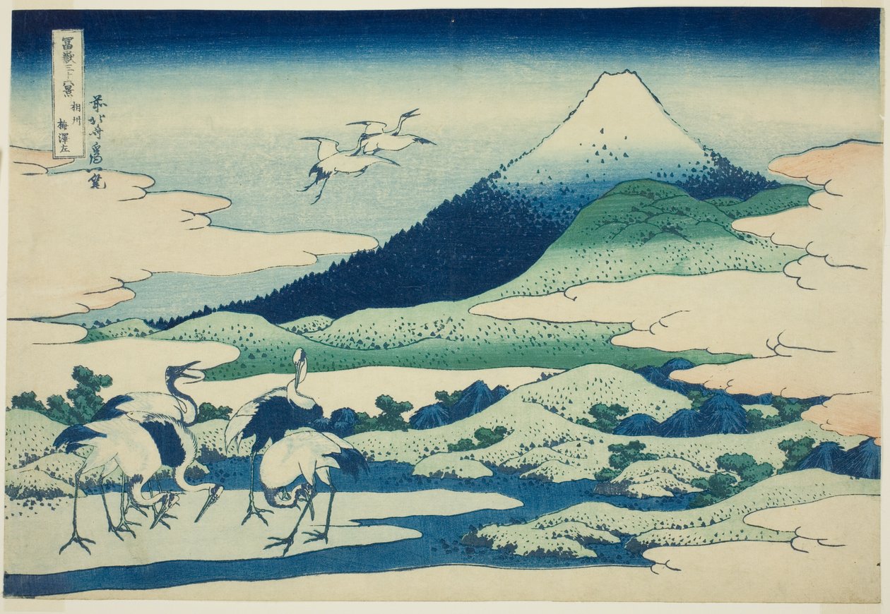 Marsh Umezawa tag, Sagami P Rovinse (finomítatlan sake Umezawa balra), a ``Ti rty x Views of Moun t Fuji (Fugaku Kasaju Rokukatsu)
