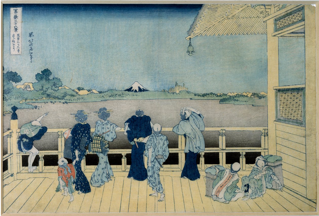 Kilátás a Fudzsi-hegyre Japánban, ahol a Fudzsi-hegyet csodálják egy gólyalábas házból. Serie "" A Fuji-hegy 36 képe"" Japán nyomat, Katsushika Hokusai (1760-1849) 1829-1833 V. 36,9x24,8 cm Magángyűjtemény alkotó: Katsushika Hokusai