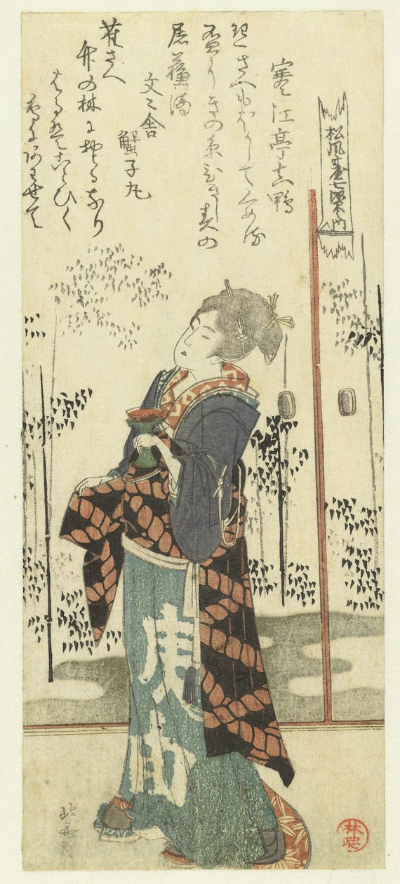 Nő rizsboros kupával A Bambuszerdő hét elutasítása a Shôfûdai Költészeti Társaság számára (sorozat címe) Shôfûdai shichiken no uchi (sorozat címe az objektumon) alkotó: Katsushika Hokusai