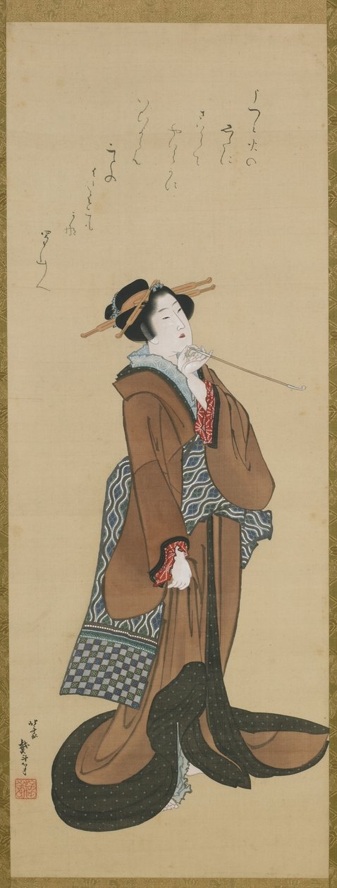 Nő pipát tartva, Edo-korszak, 1814-1815 körül (tinta és szín a selyemen) alkotó: Katsushika Hokusai