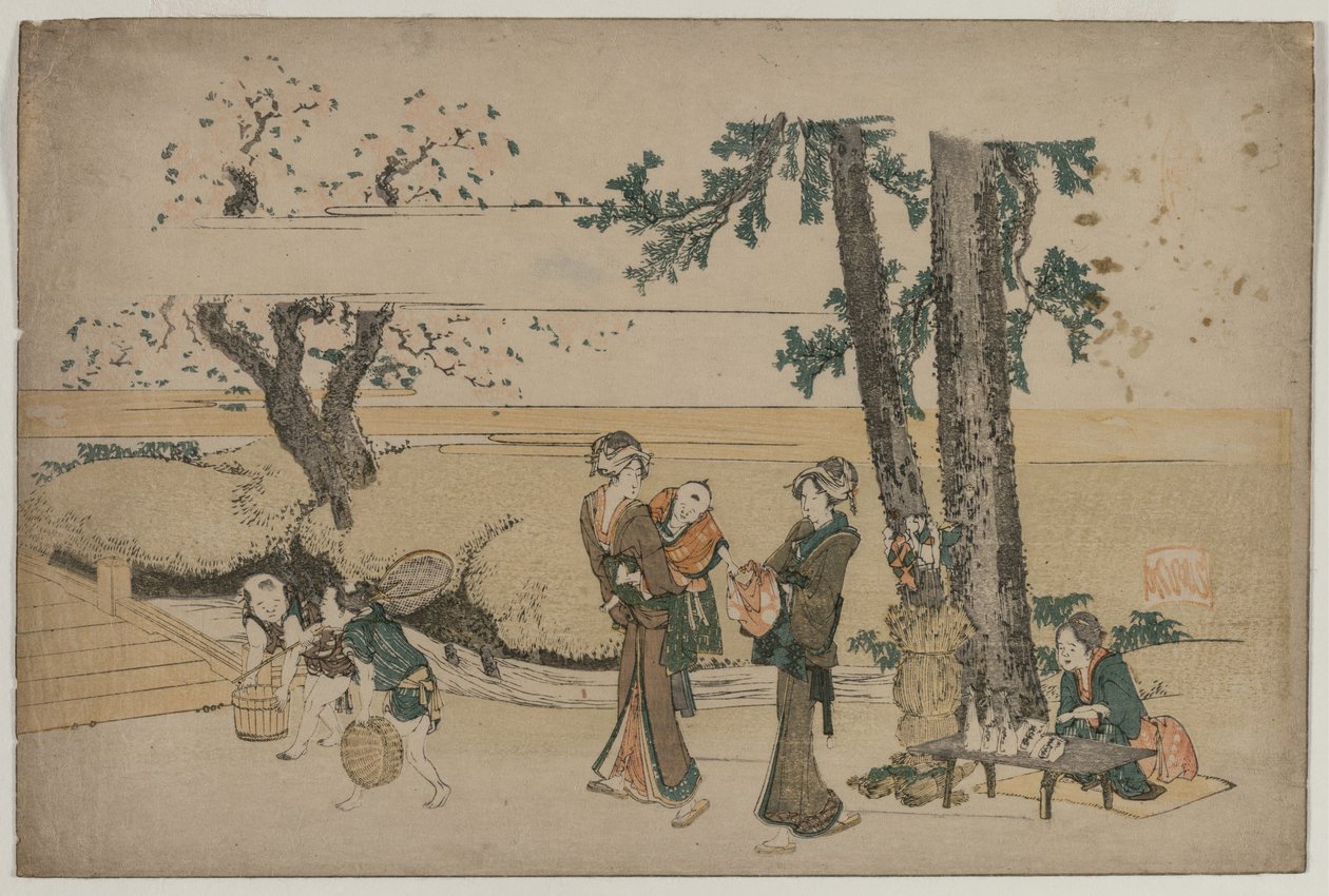 Nő elhalad egy út menti üzlet mellett Oji közelében, az 1800-as évek elején. alkotó: Katsushika Hokusai