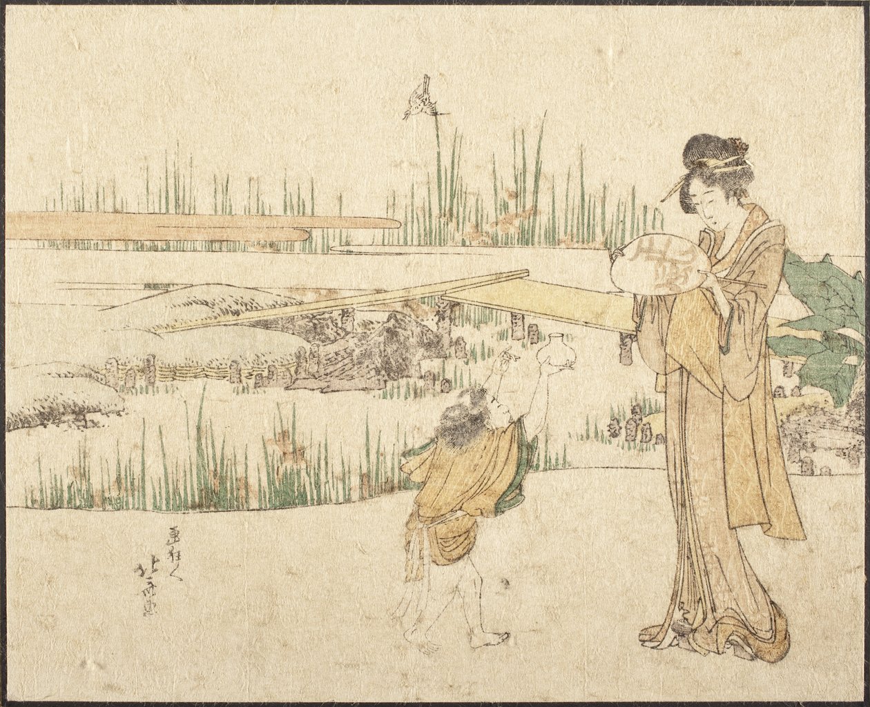 Nő és gyermek a kertben; az „Aranyhal-árus” című festmény részlete alkotó: Katsushika Hokusai