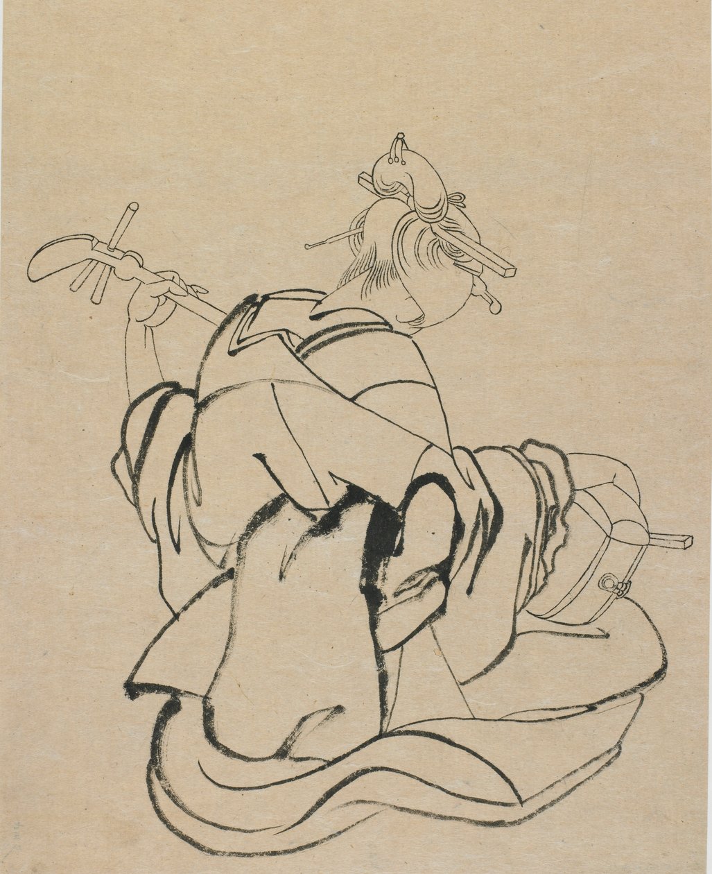 Samisent játszó nő háttal a megfigyelőnek, 18. század vége – 19. század eleje. alkotó: Katsushika Hokusai