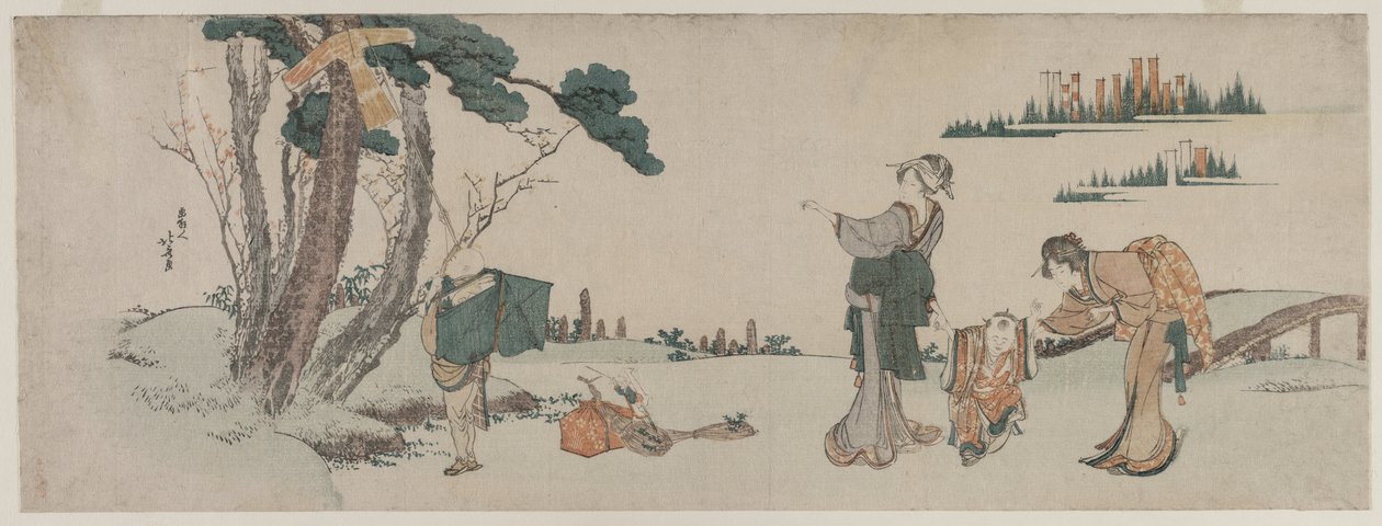 Nők, akik elvonják egy gyermek figyelmét, akinek a sárkánya elkapta a fát alkotó: Katsushika Hokusai