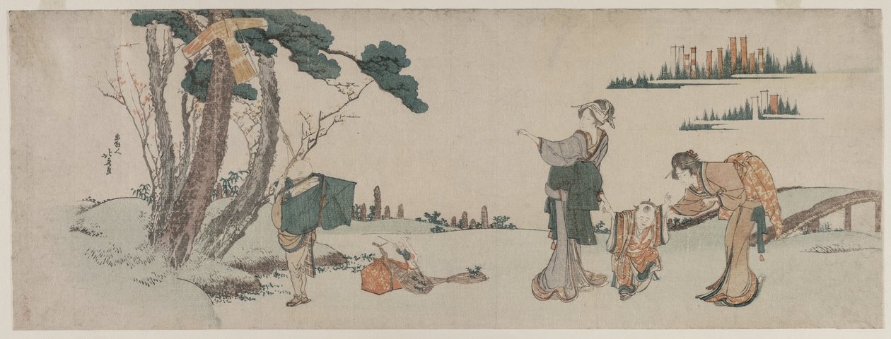 Nők, akik elvonják egy gyermek figyelmét, akinek a sárkánya elkapta a fát, c. 1800. alkotó: Katsushika Hokusai