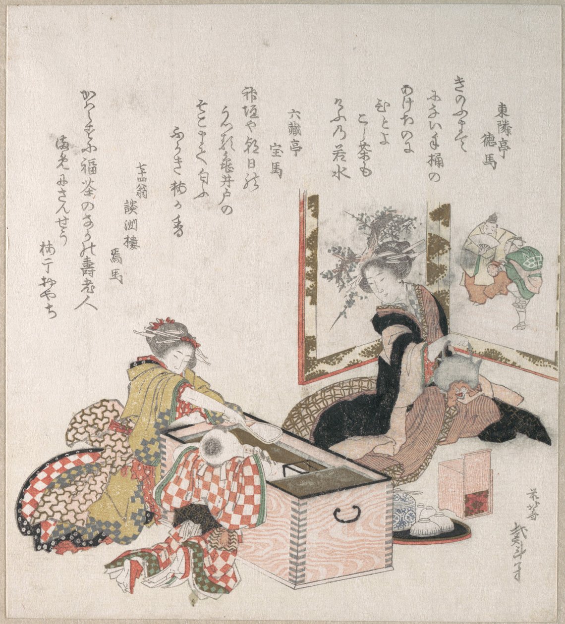 Nők, akik a tűztartó körül teát készítenek alkotó: Katsushika Hokusai