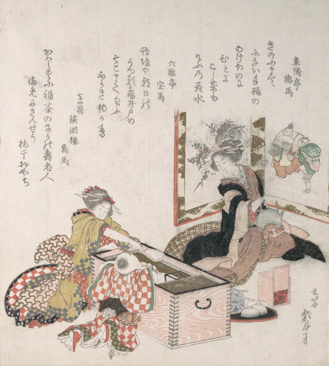 Nők teát készítenek a tűztartó körül, 1816. alkotó: Katsushika Hokusai