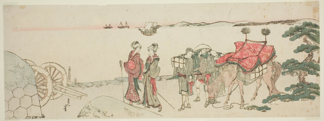 Nők és kísérők a Tanakawa strandon alkotó: Katsushika Hokusai
