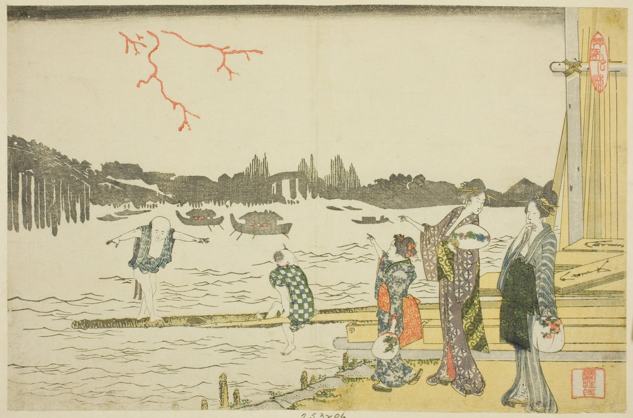 Nők és gyerekek nézik a tűzijátékot alkotó: Katsushika Hokusai