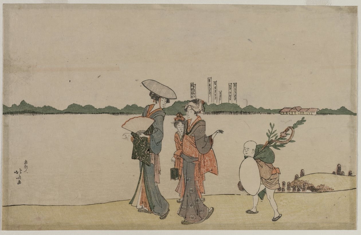 Nők és gyerekek sétálnak a Sumida folyó mentén alkotó: Katsushika Hokusai