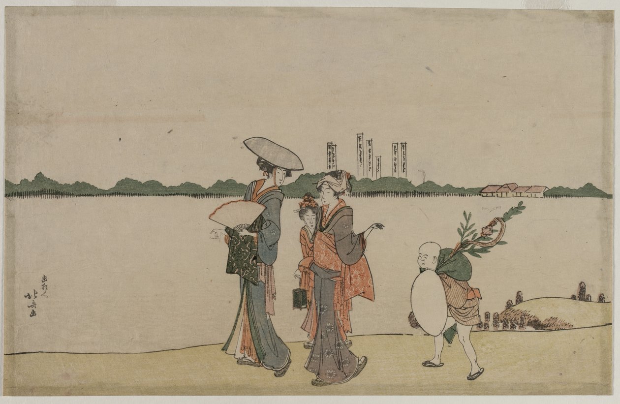 Nők és gyerekek sétálnak a Sumida folyó mentén, 1800-as évek eleje. alkotó: Katsushika Hokusai