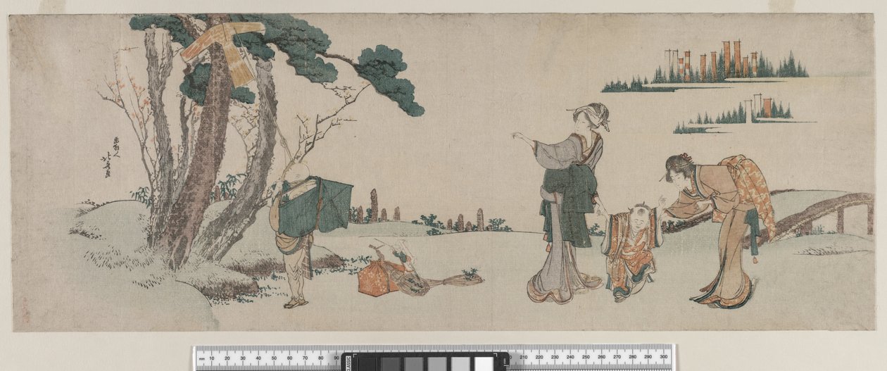 Nők, akik elvonják egy gyermek figyelmét, akinek sárkánya elakadt egy fán, Edo-korszak, 1800 körül alkotó: Katsushika Hokusai