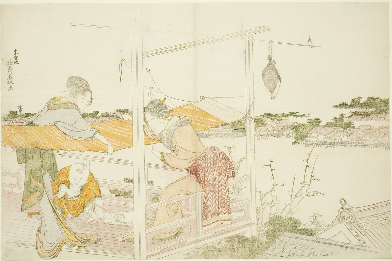 Nők a verandán, a szárításhoz nyújtó ruhát alkotó: Katsushika Hokusai