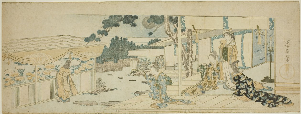 Nők a verandán nézik a virágot szedő lányt alkotó: Katsushika Hokusai