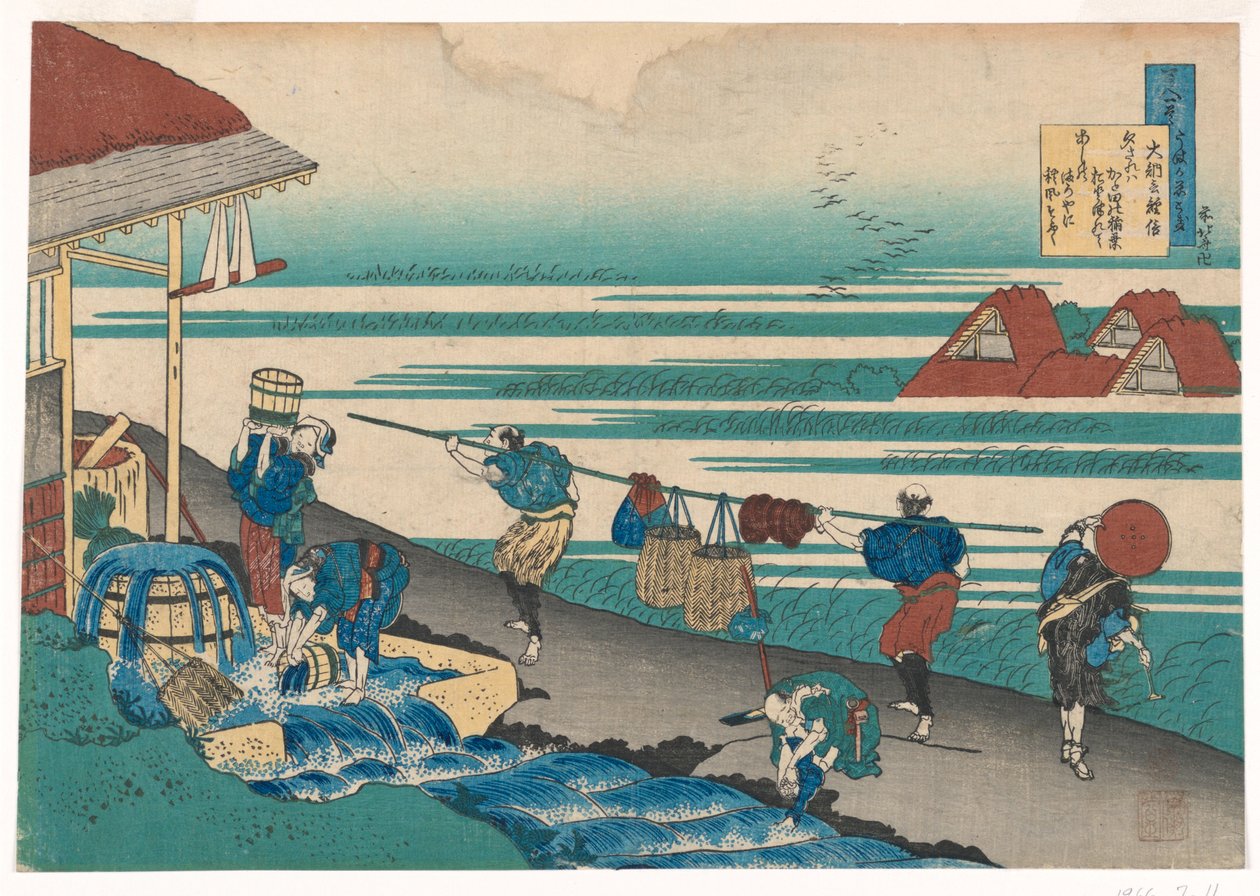 Munkások a tenger mellett, festőruha, Hyakunin, Száz vers magyarázta a nővér alkotó: Katsushika Hokusai