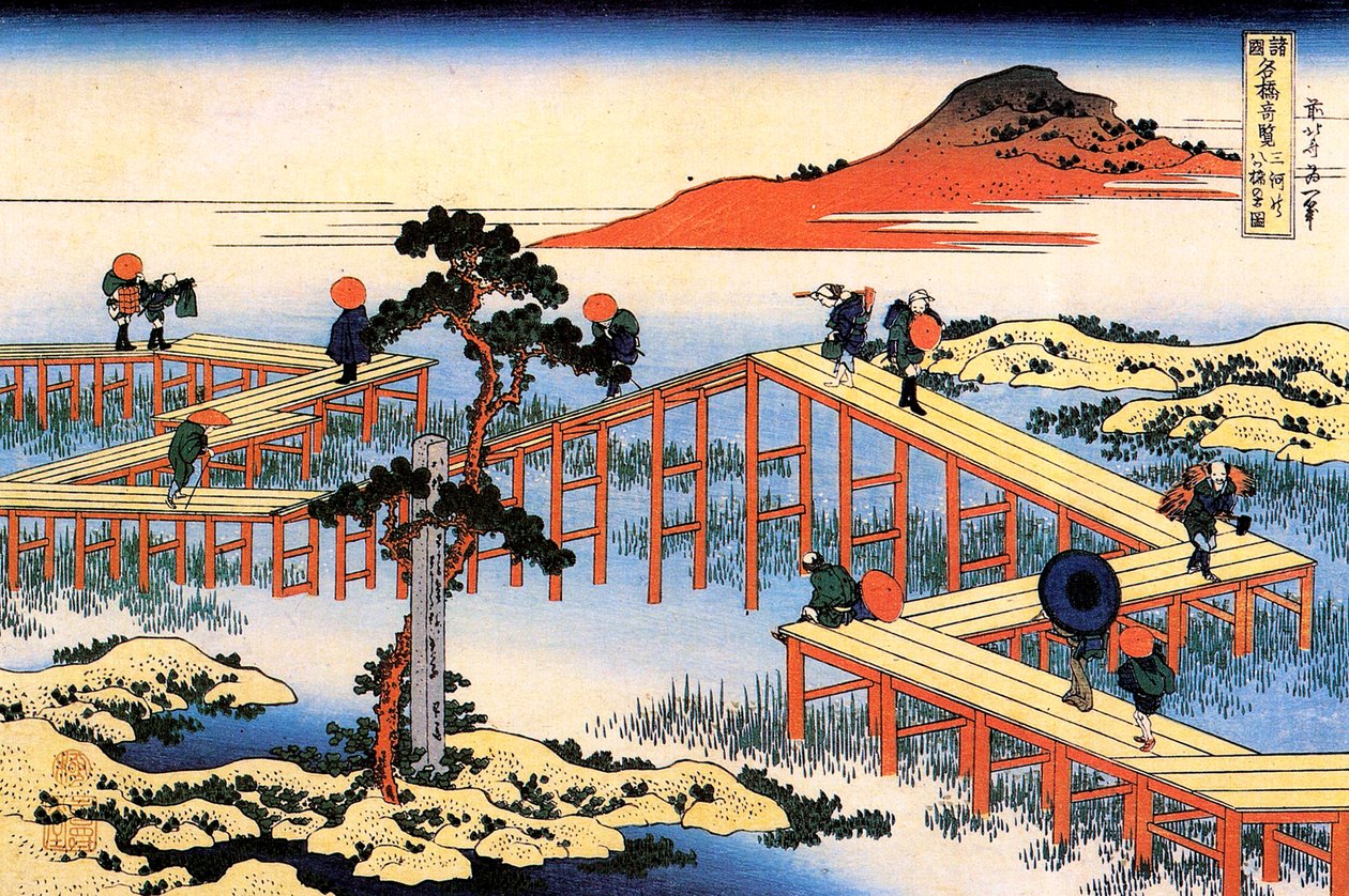 Yatsuhashi Mikawa tartományban, 1835. alkotó: Katsushika Hokusai
