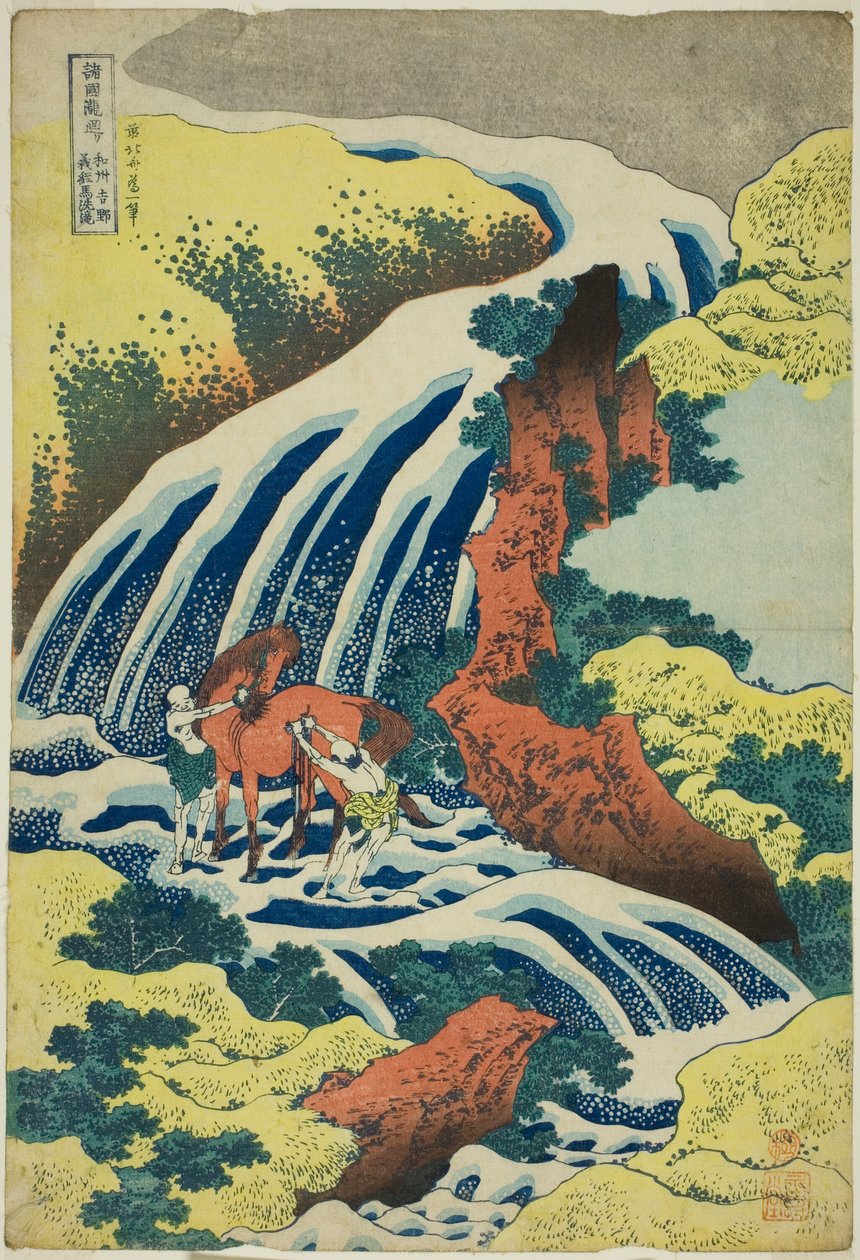 Yoshitsune lómosó vízesése Yoshinóban, Yamato tartományban (Washū Yoshino Yoshitsune uma arai no taki), a Tour of the Waterfalls in Various Provinces (Shokoku taki meguri) sorozatból alkotó: Katsushika Hokusai