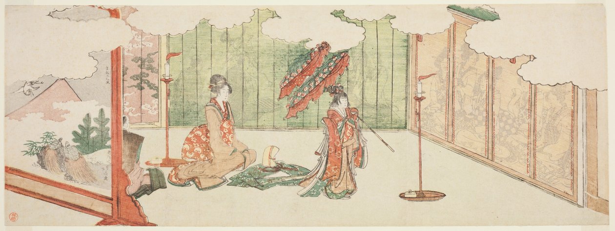 Fiatal lány táncol a nemesi kúriában alkotó: Katsushika Hokusai
