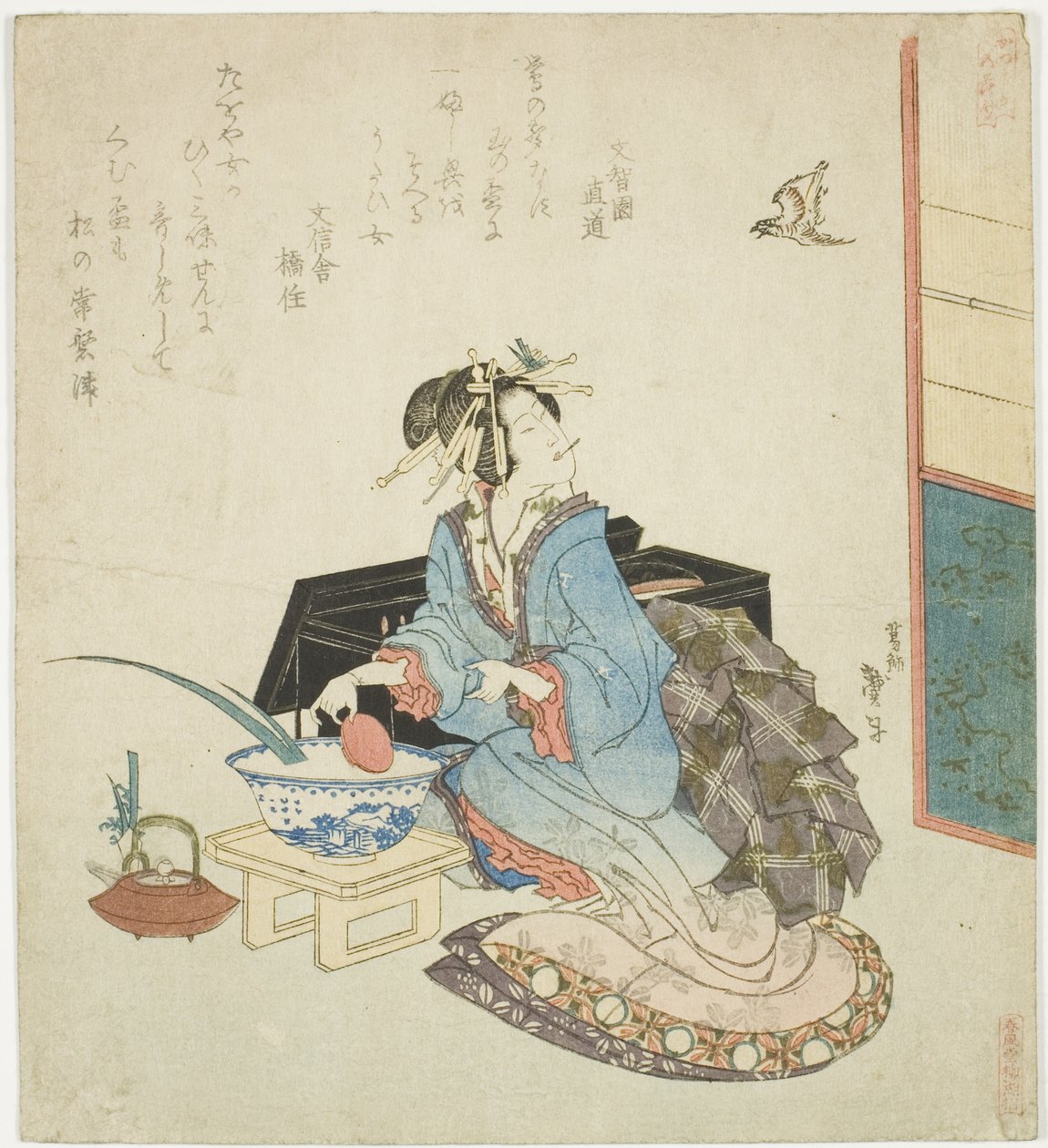 Gésa felnéz egy kakukkra, az „Öt éves fesztivál a Katsushika Kör számára (Katsushika gosekku)” sorozatból alkotó: Katsushika Taito II