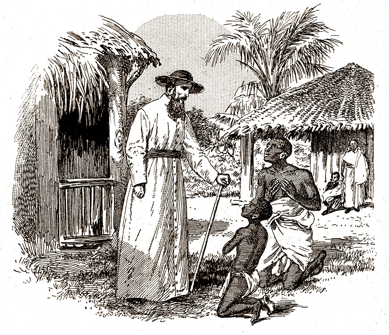 Katolikus misszionárius Afrikában, aki megtérést gyakorol egy gyermeken és az apján, 1900 körül (metszet) alkotó: Alec Hunter