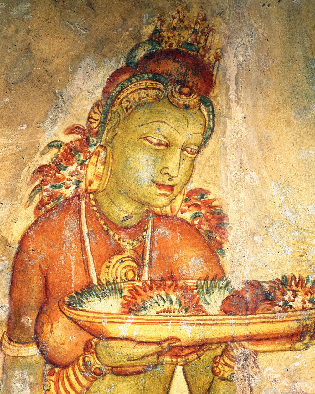 Apsaras, virágokat kínáló mennyei nimfa, freskó, Sigiriya erődített fellegvára (UNESCO világörökségi lista alkotó: Alec Hunter
