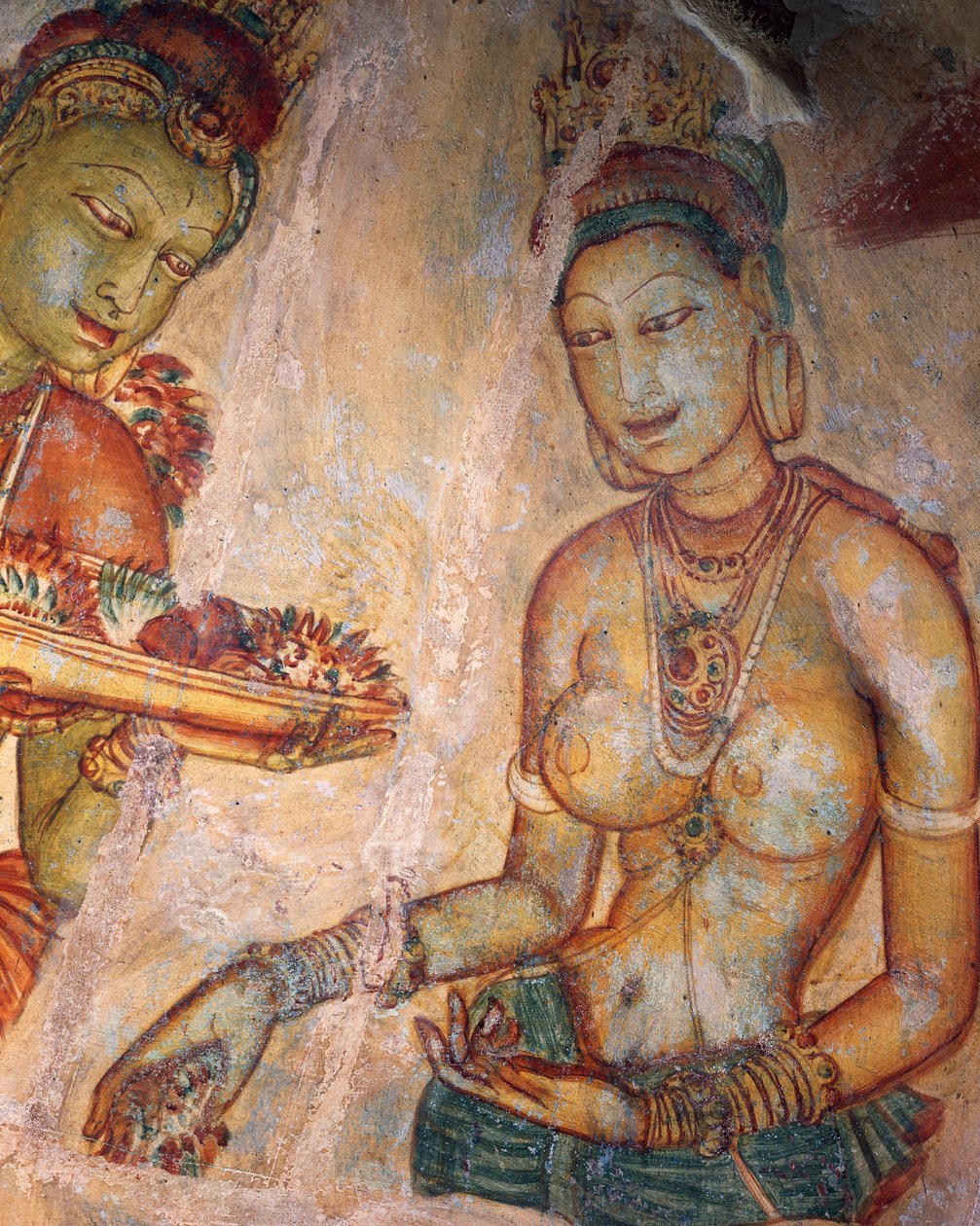 Apsaras, virágokat kínáló mennyei nimfa, freskó, Sigiriya erődített fellegvára (UNESCO világörökségi lista alkotó: Alec Hunter