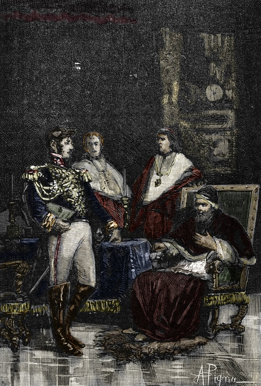 Cervoni tábornok 1798-ban felszólította VI. Pius pápát, hogy mondjon le időbeli szuverenitásáról. 1882 (metszet) alkotó: Alec Hunter