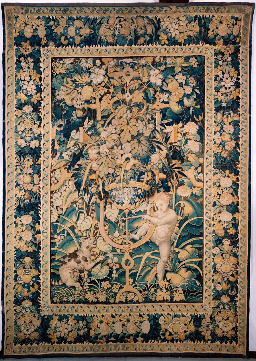 Gobelin. Enghien. Fiú egy vadállattal szemben (Bambin taquinant un jeune fauve, De knaap met het jonge wilde dier). 363 cm x 259 cm. Egy fiú vagy puttó, aki egy vadállatot, esetleg leopárdot ugrat, botra rögzített körtével. alkotó: Alec Hunter