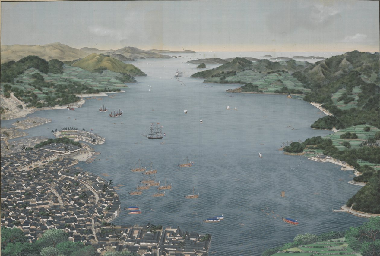 Nagasaki kikötője, 1800-50 körül (selyemfestmény) alkotó: Kawahara Keiga