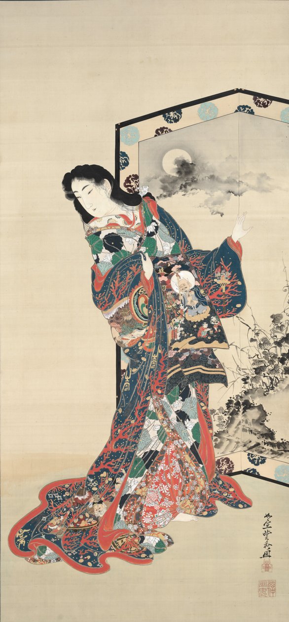 Szépség képernyő előtt, 1800-as évek. alkotó: Kawanabe Kyosai