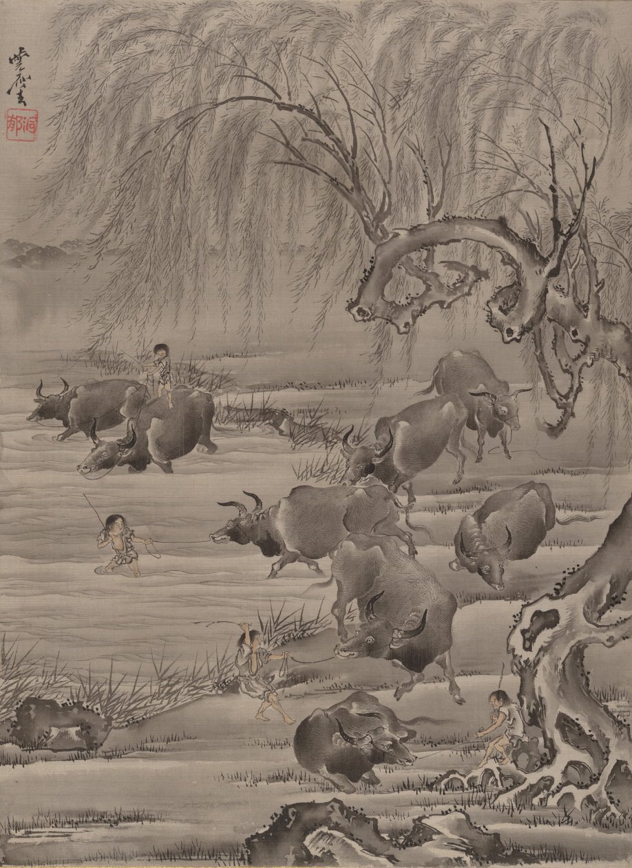 Buffalo and Herdsman, kb. 1887. alkotó: Kawanabe Kyosai