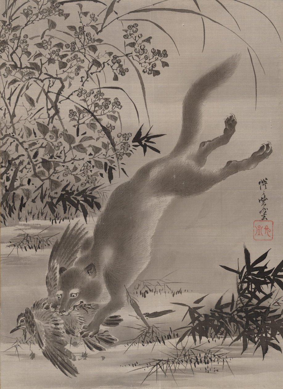 Fox Catching Bird, kb. 1887. alkotó: Kawanabe Kyosai