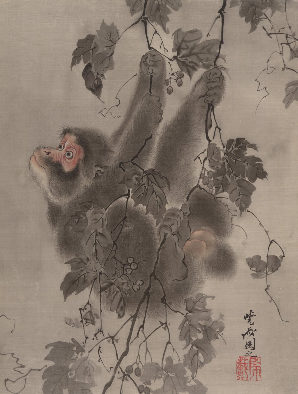 Monkey Hanging from Grapevines, kb. 1887. alkotó: Kawanabe Kyosai