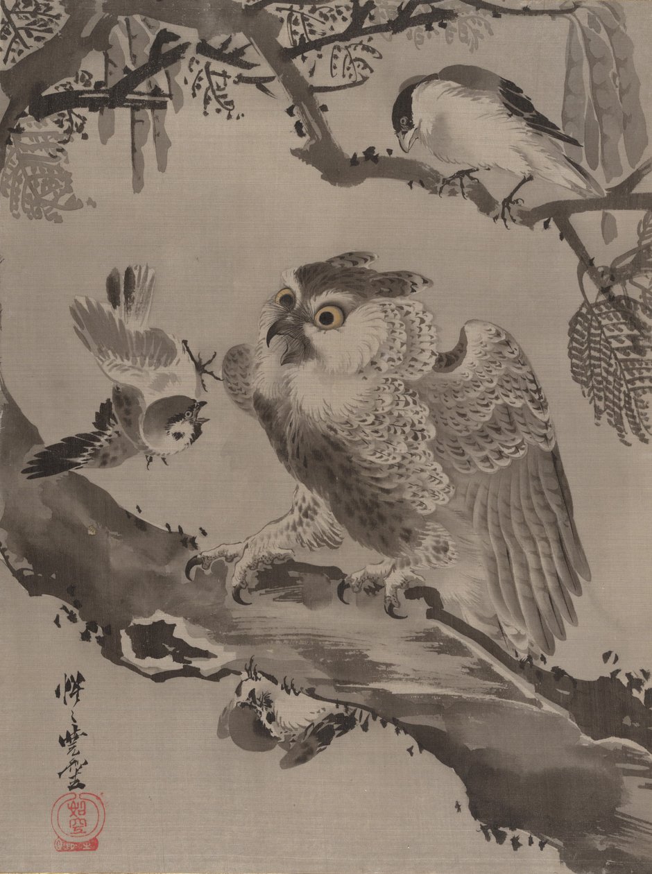 Kismadarak által kigúnyolt bagoly, kb. 1887. alkotó: Kawanabe Kyosai