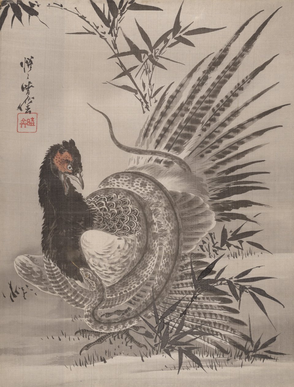 Kígyó által elkapott fácán, kb. 1887. alkotó: Kawanabe Kyosai